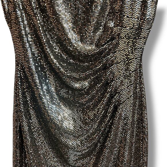 Anne Klein Size 12 Metallic Gold Ruched Cap Sleep Sheath Dress Knee Length NWT - Picture 9 of 12